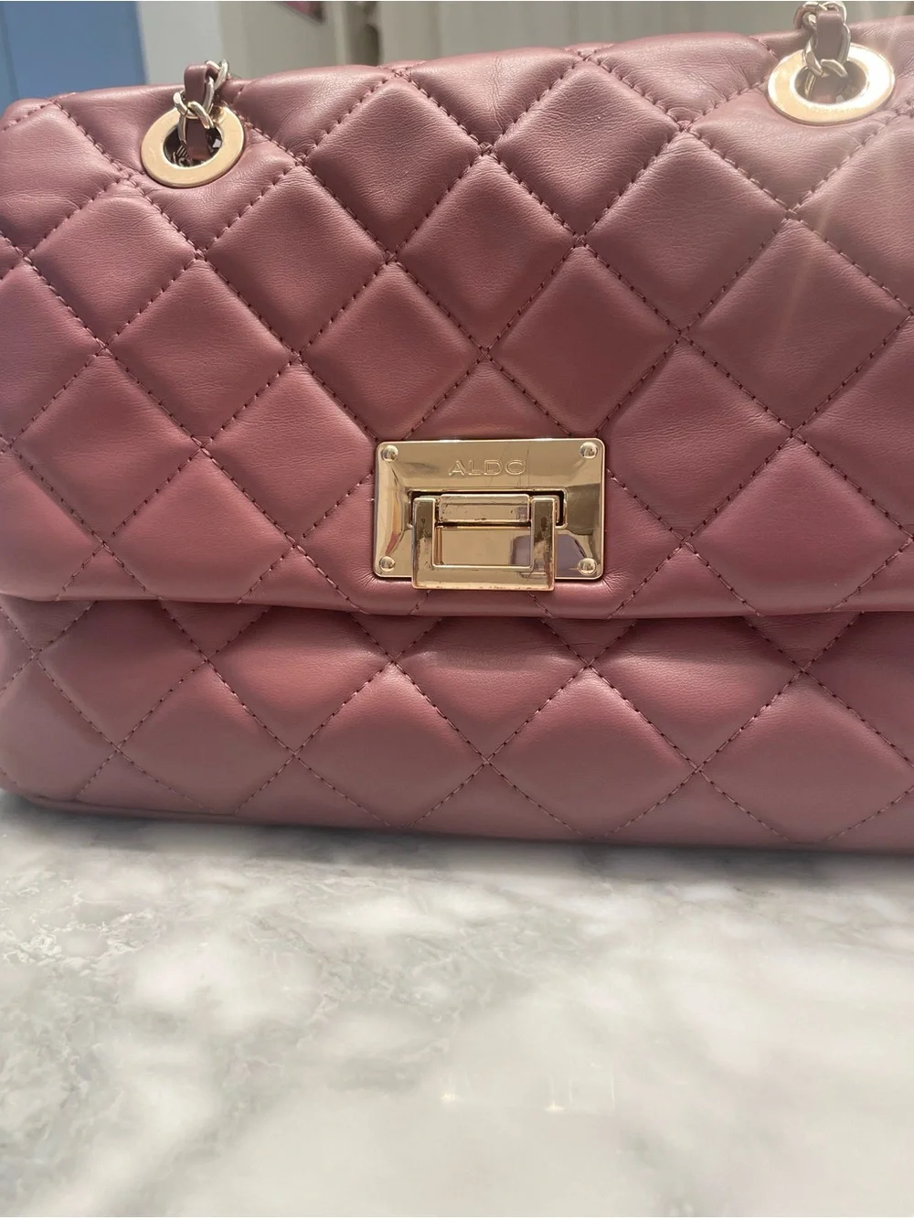 Aldo Quilted Mauve Shoulder Bag with Gold Chain Strap